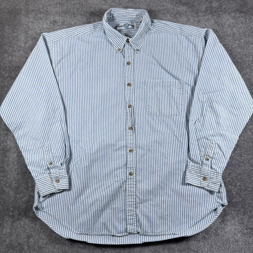 Vintage World Island Shirt Men's XL Blue Striped Long Sleeve Hickory Button Up